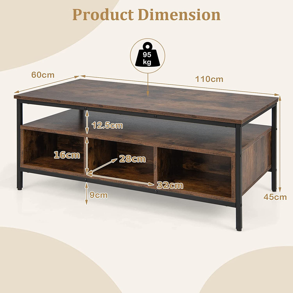Wooden Cocktail Center Table with Storage Shelf for Living Room