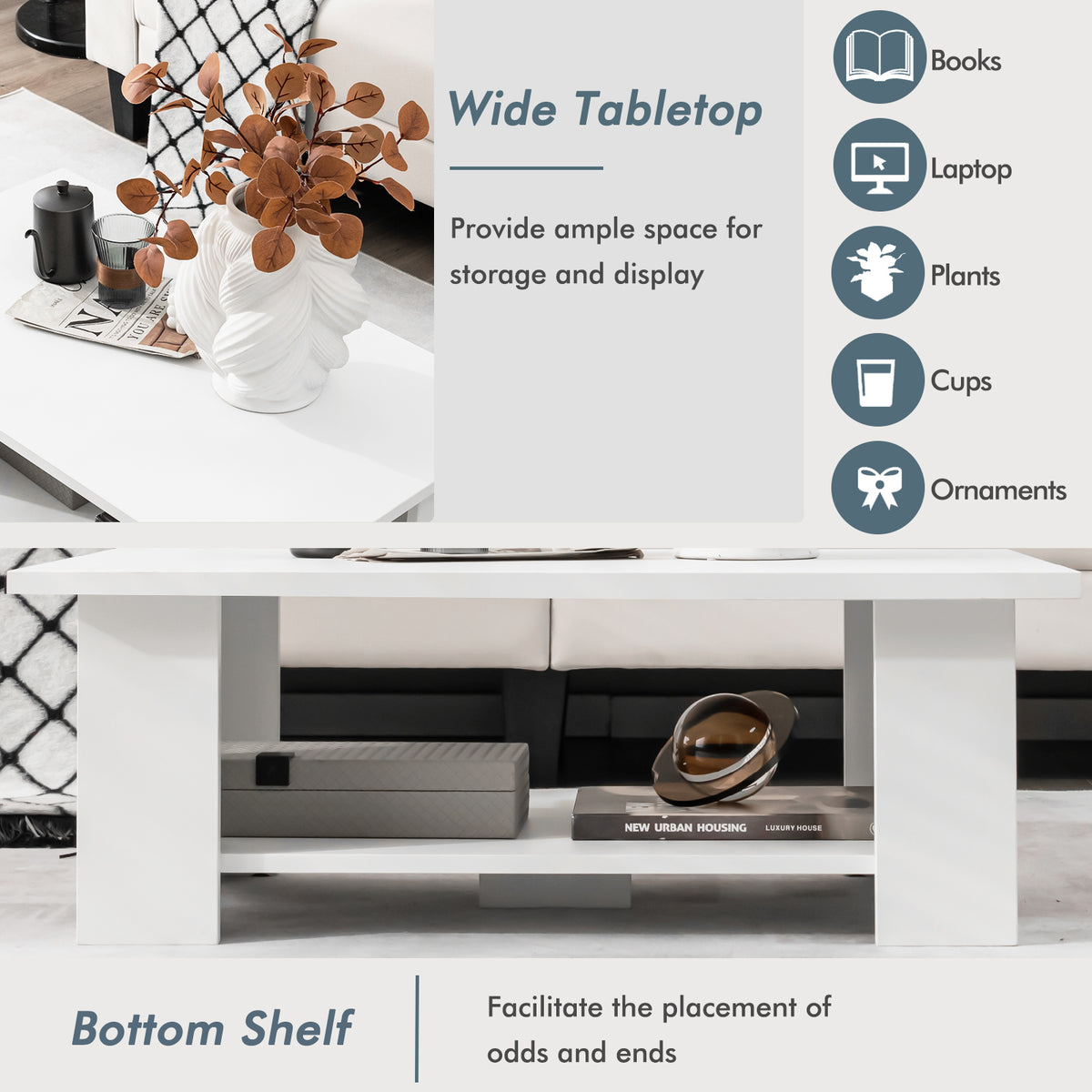 2-Tier Wooden Coffee Table with Storage Shelf and 5 Support Legs-White