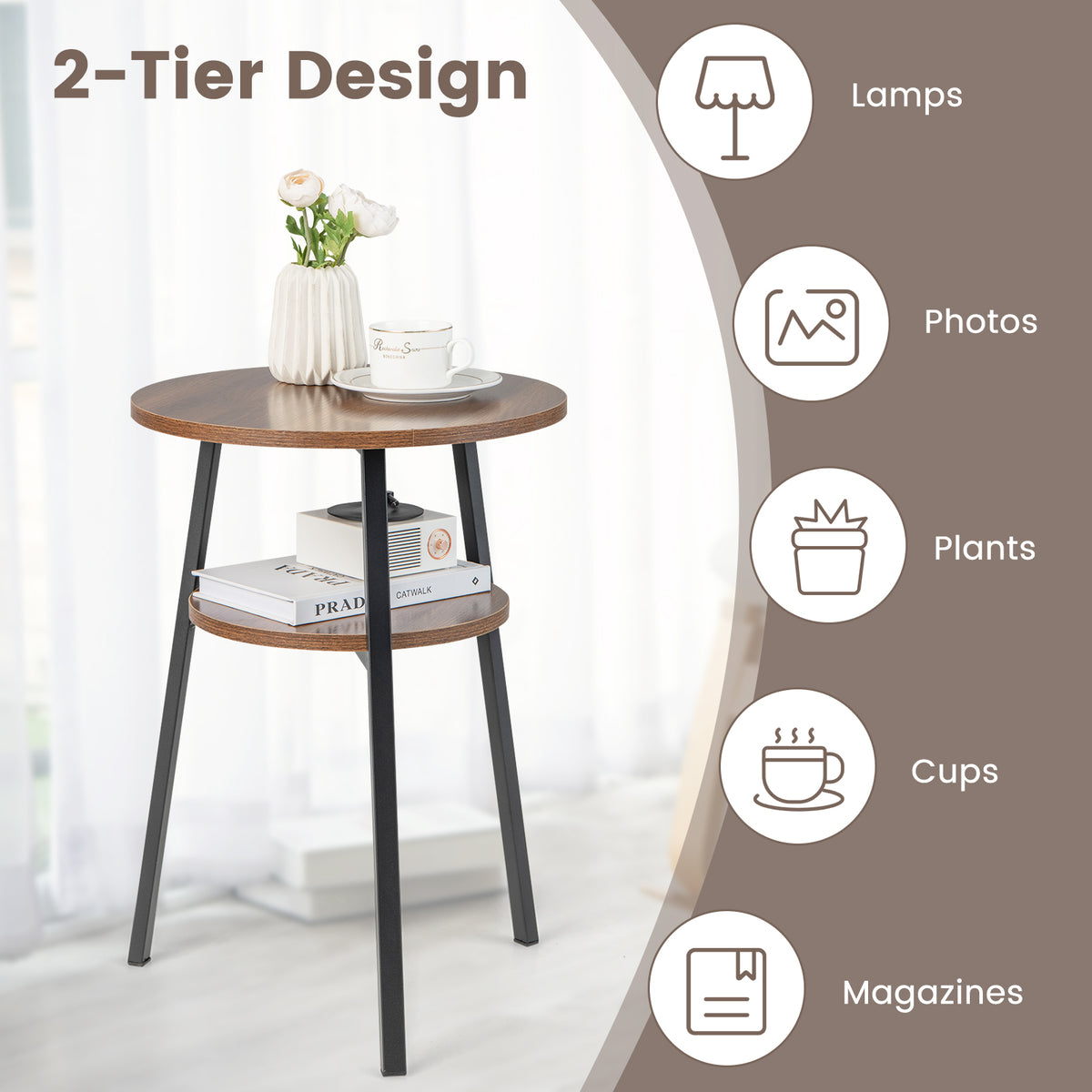 2-Tier Wooden Round Side Table with Storage Shelf-Walnut