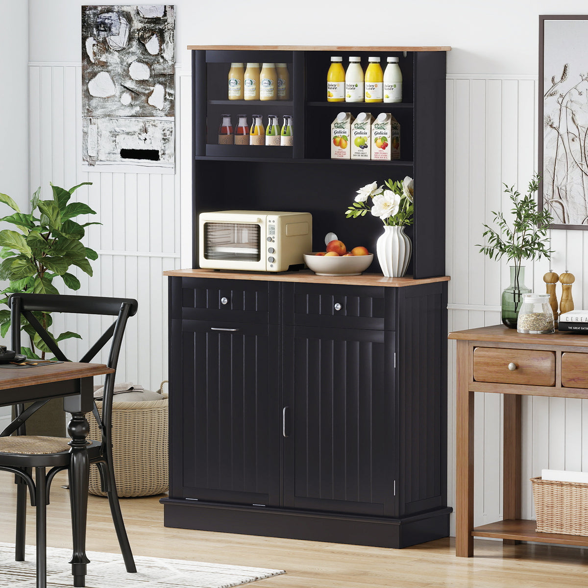 Double Tilt Out Trash Cabinet with Rubber Wood Countertop for Kitchen Dining Room-Black