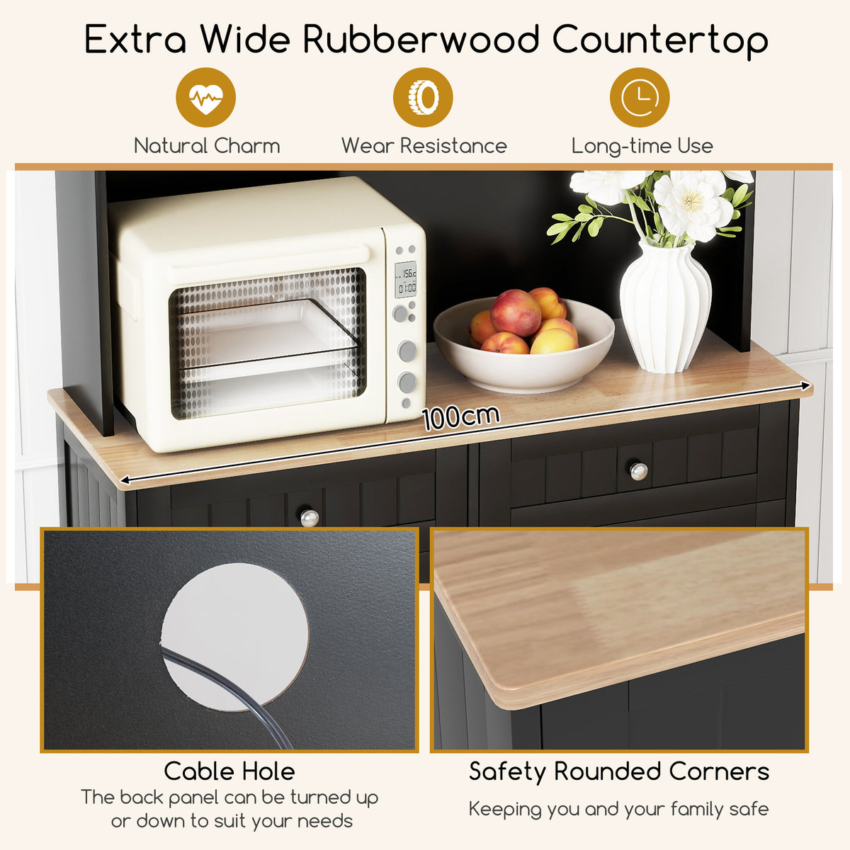 Double Tilt Out Trash Cabinet with Rubber Wood Countertop for Kitchen Dining Room-Black