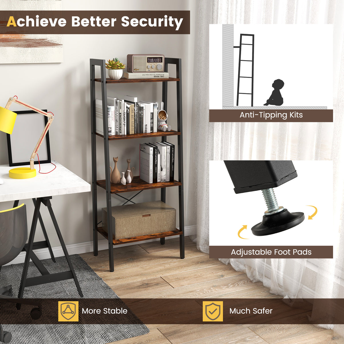 4-Tier Bookshelf with Metal Frame-Rustic Brown