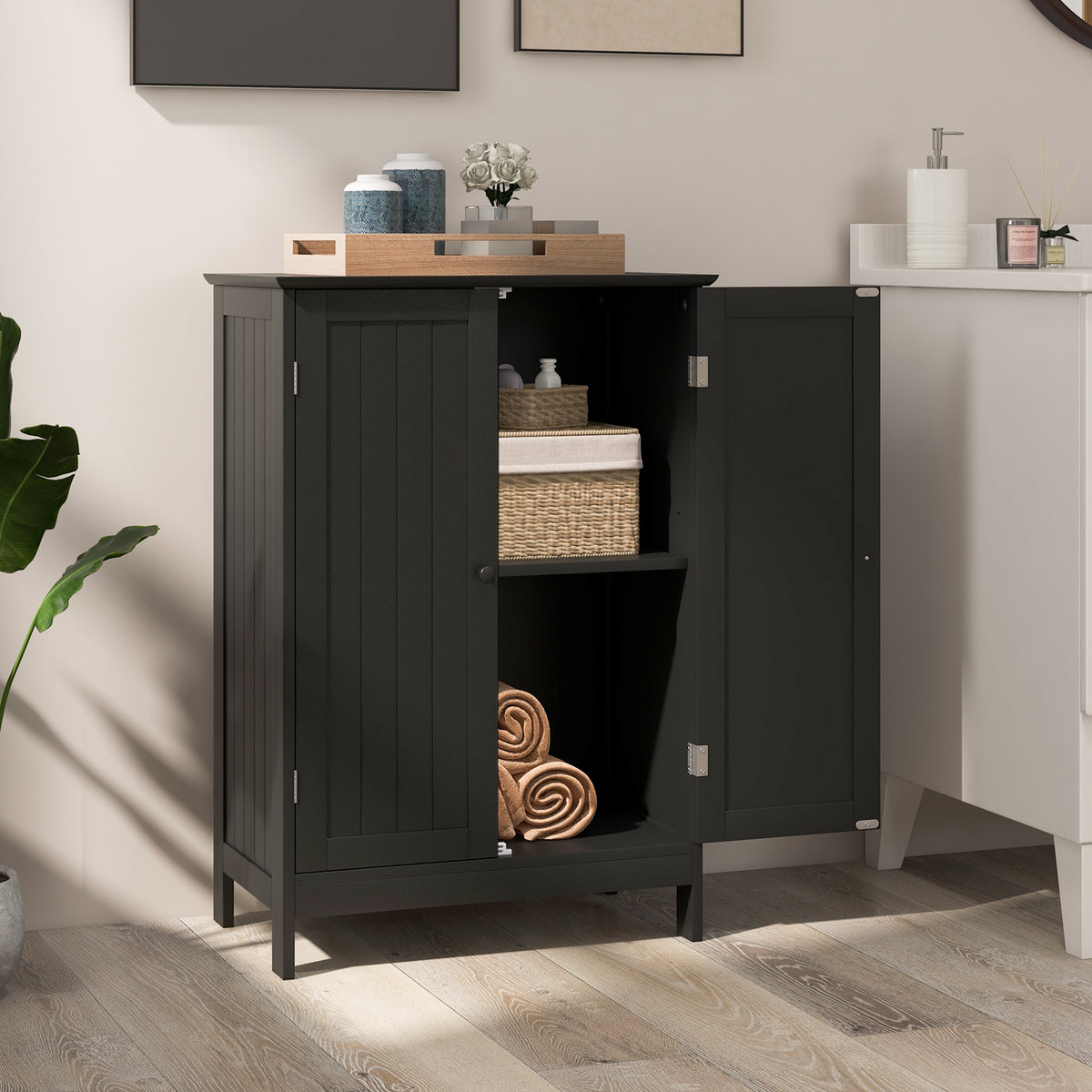 Double Door Bathroom Floor Cabinet with Shelf-Black