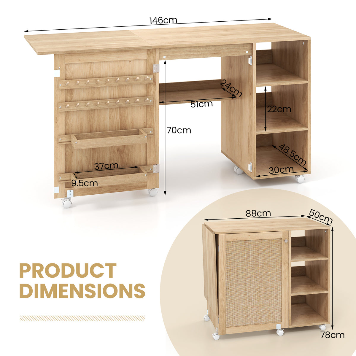 Folding Sewing Table with Rattan Door and Lockable Casters for Craft-Natural