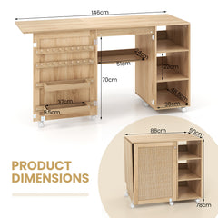 Folding Sewing Table with Rattan Door and Lockable Casters for Craft-Natural