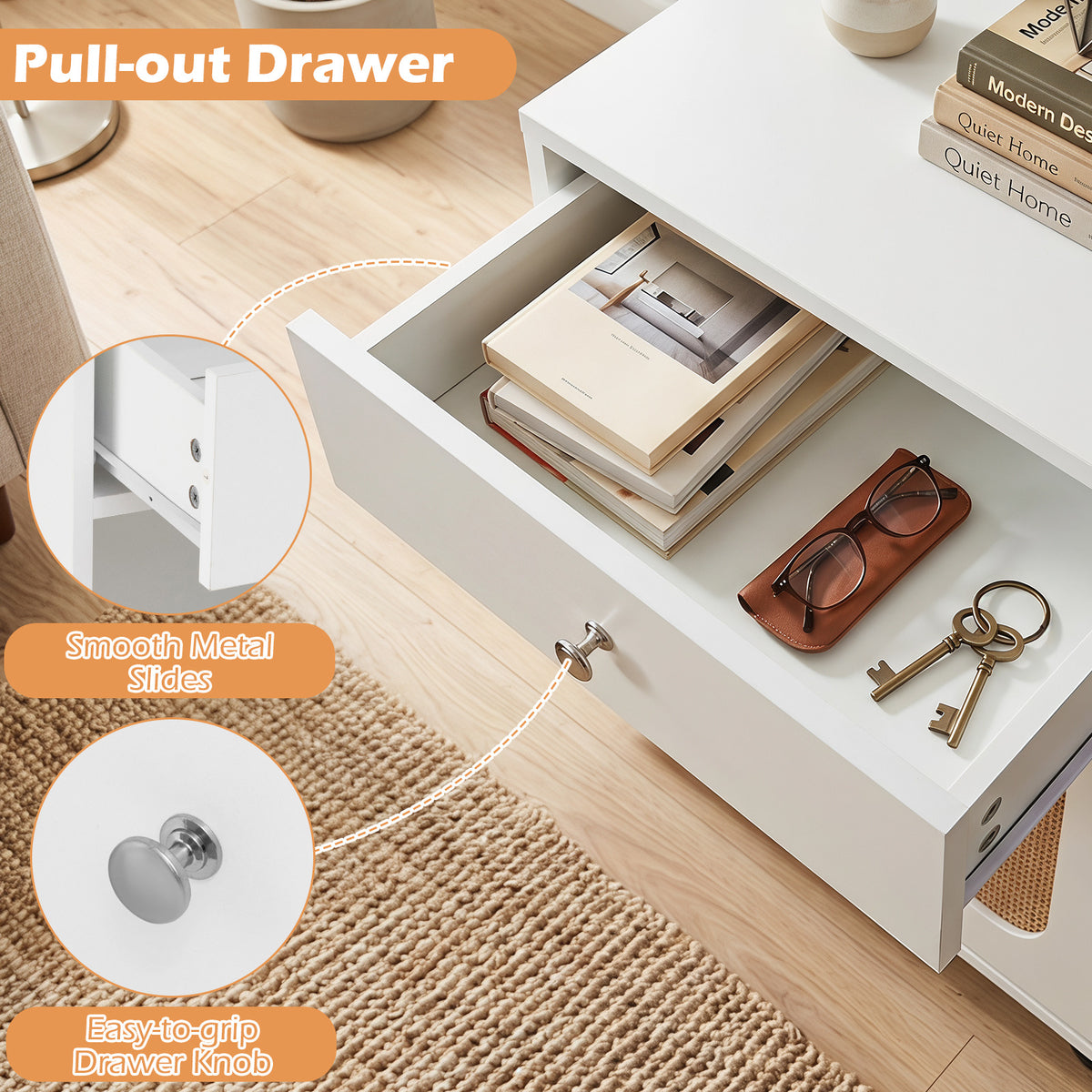 PE Rattan Storage Cabinet with Adjustable Foot Pads and Anti-toppling Kit-White