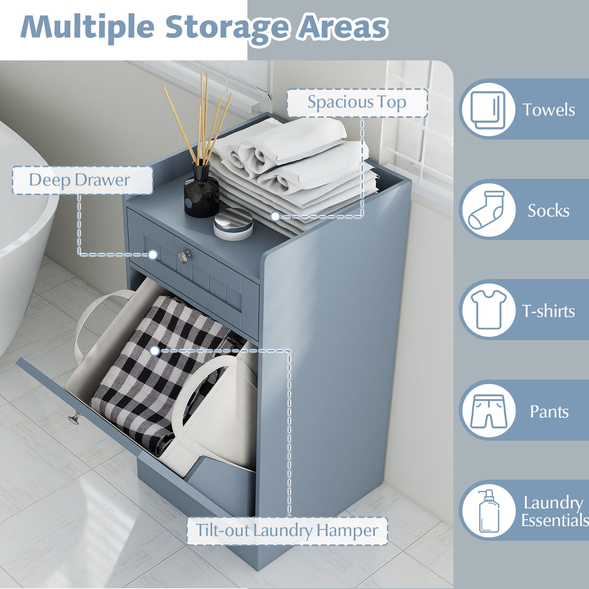 Bathroom Storage Cabinet with Drawer and Removable Hamper-Grey