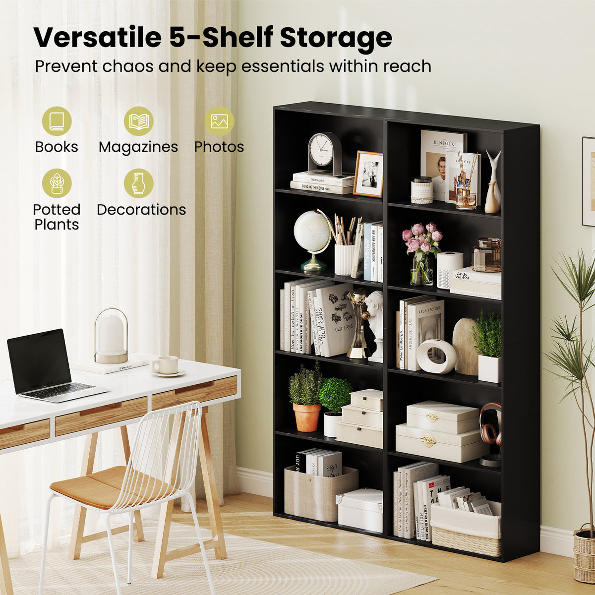 5-Tier Bookshelf with Freestanding Display Shelf and Storage Organizer for Living Room-Black