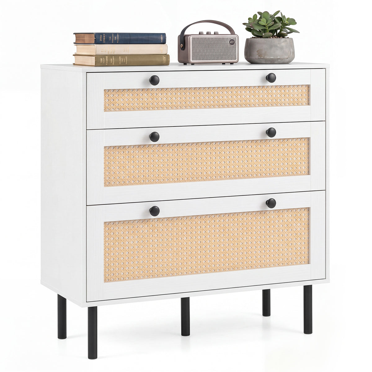 Dresser with 3 Drawers and Rattan Design and 5 Metal Legs for Bedroom-White