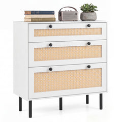 Dresser with 3 Drawers and Rattan Design and 5 Metal Legs for Bedroom-White