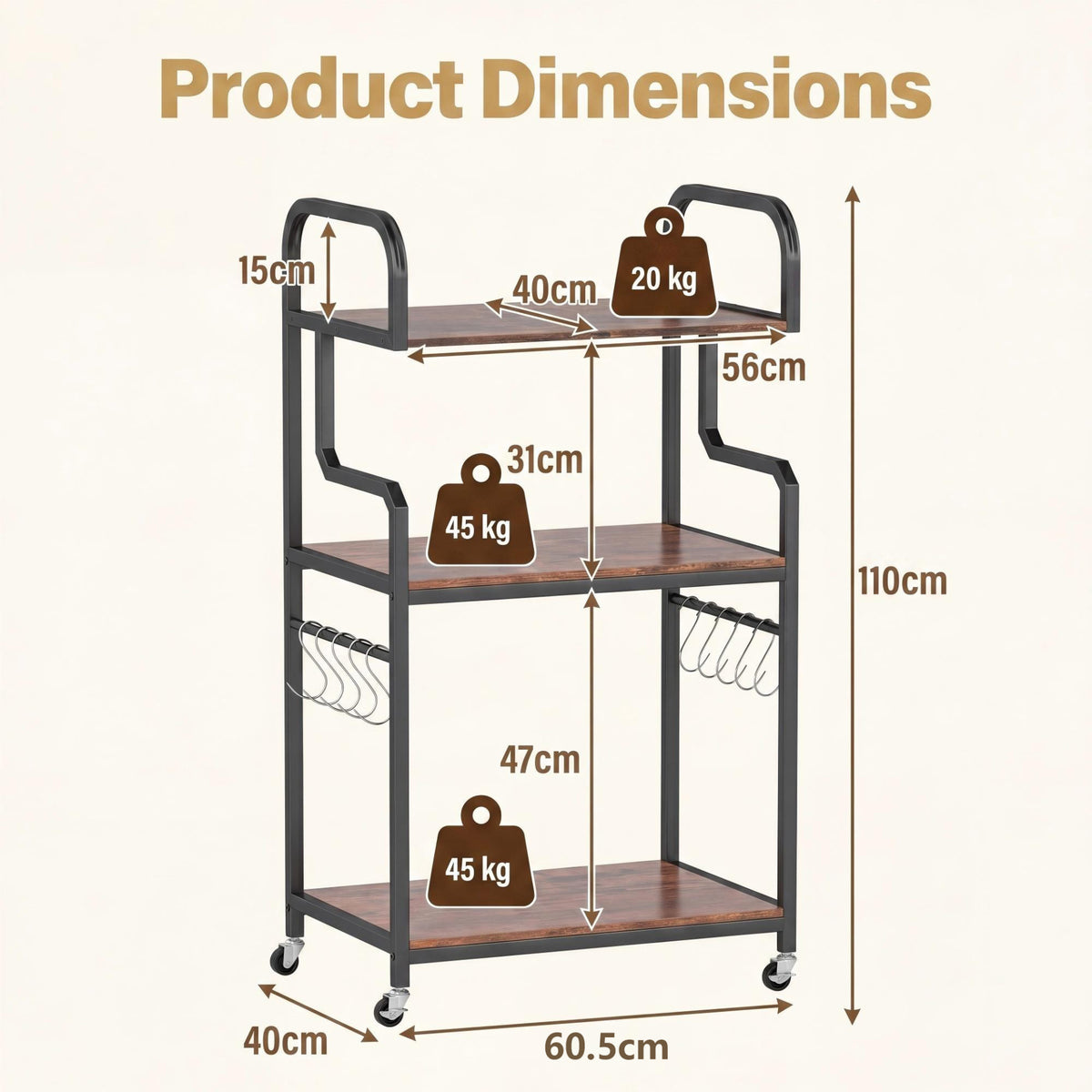 3-Tier Rolling Printer Stand with Storage Shelves and Hooks-Rustic Brown