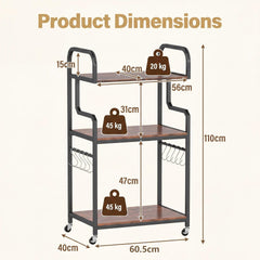 3-Tier Rolling Printer Stand with Storage Shelves and Hooks-Rustic Brown