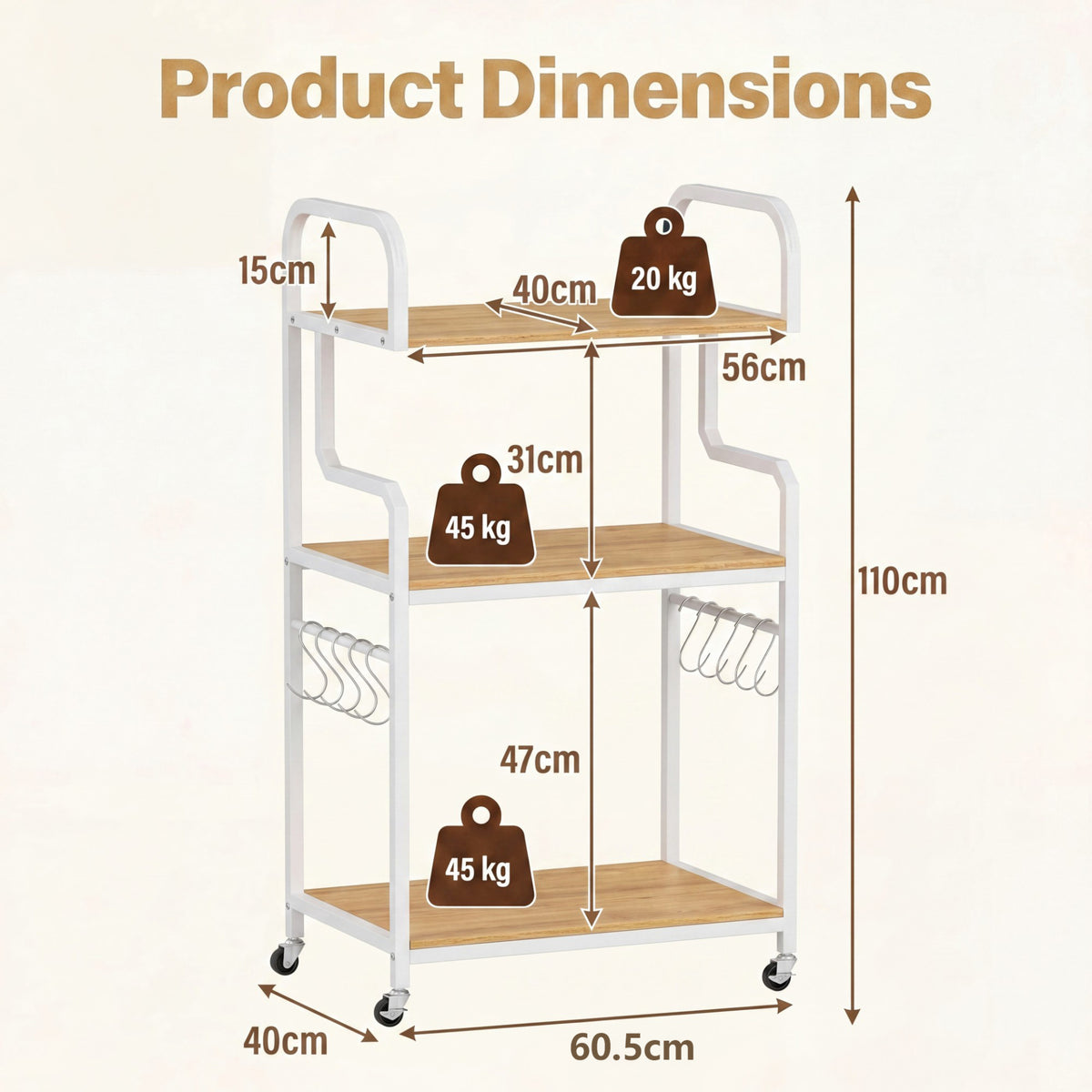 3-Tier Rolling Printer Stand with Storage Shelves and Hooks-Natural