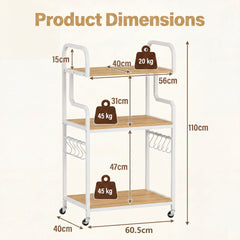 3-Tier Rolling Printer Stand with Storage Shelves and Hooks-Natural