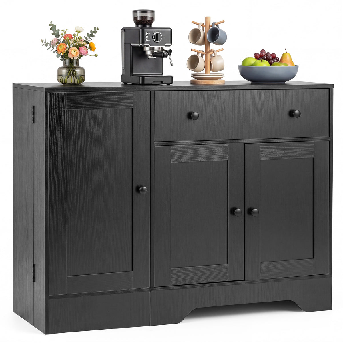 Buffet Cabinet with Storage with 3 Doors Drawers and Shelves-Black