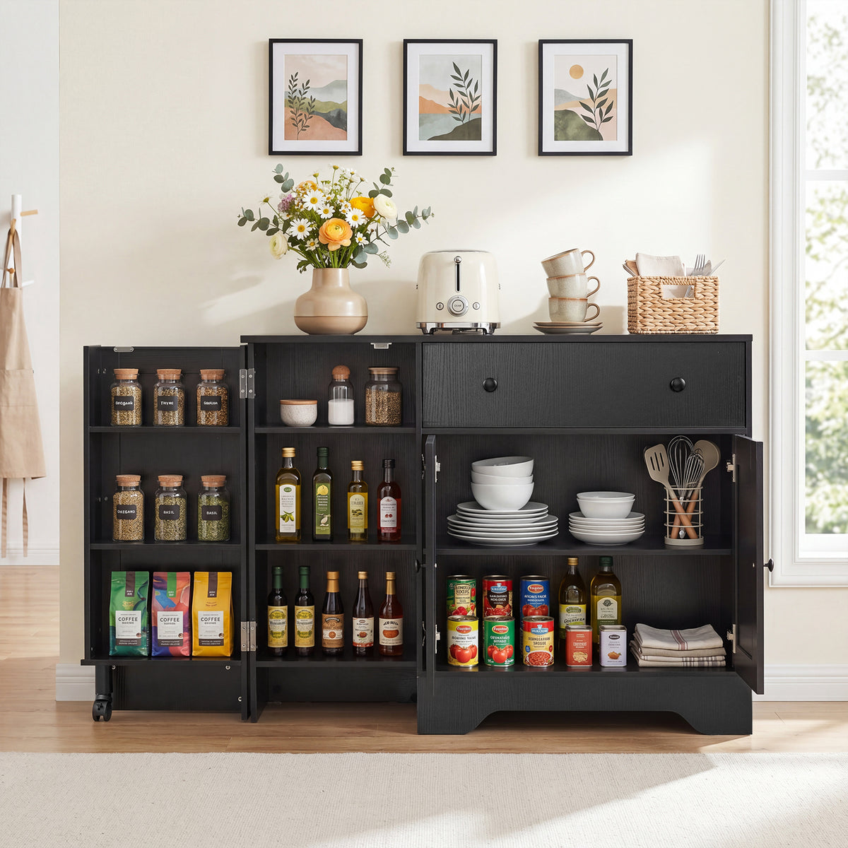 Buffet Cabinet with Storage with 3 Doors Drawers and Shelves-Black