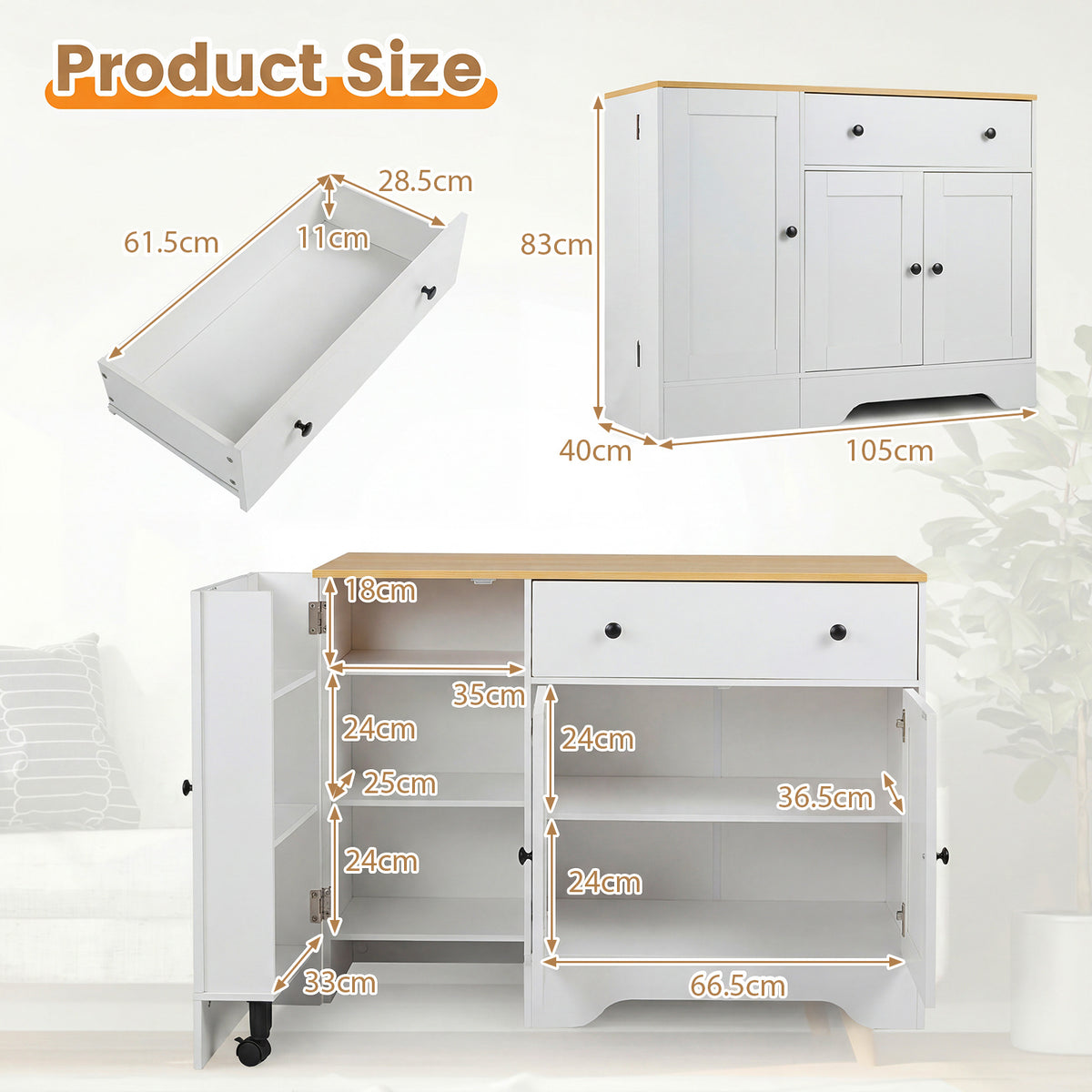 Buffet Cabinet with Storage with 3 Doors Drawers and Shelves-White