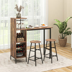 3-Piece Bar Table and Chair Set with Wine Glass Holders and 6-Bottle Wine Racks-Brown