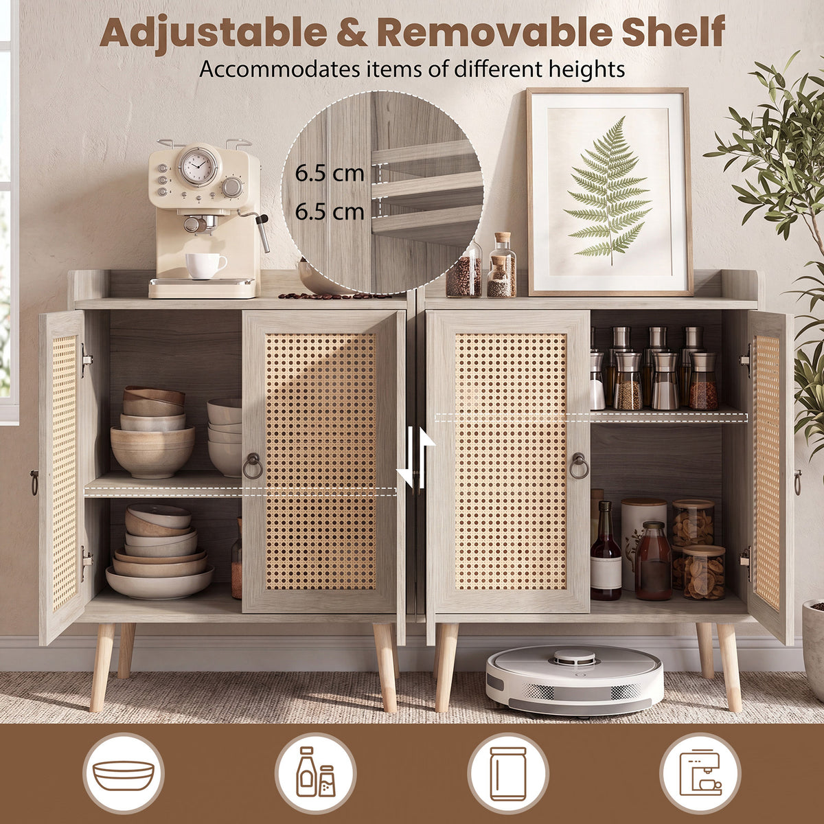 Sideboard Buffet Cabinet with 2 Doors Adjustable Shelf and Pine Wood Legs-Natrual