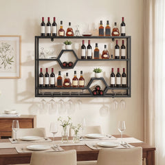3-Tier Metal Wall Mounted Wine Rack with Glass Holder for Home Bar-Black