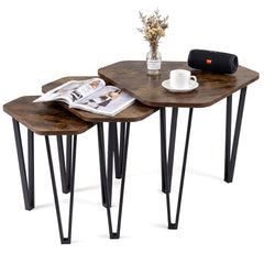 Industrial Nesting Coffee Table Set of 3 with Thick Tabletop and Metal Frame, for Small Spaces-Rustic Brown