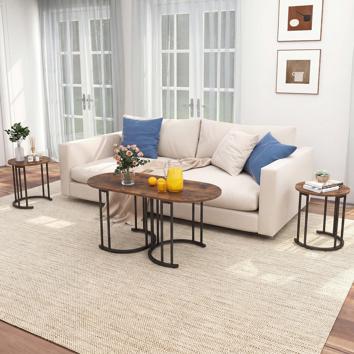 3-Piece Nesting Coffee Table Set 110cm Coffee Table with 2 Side Tables-Rustic Brown