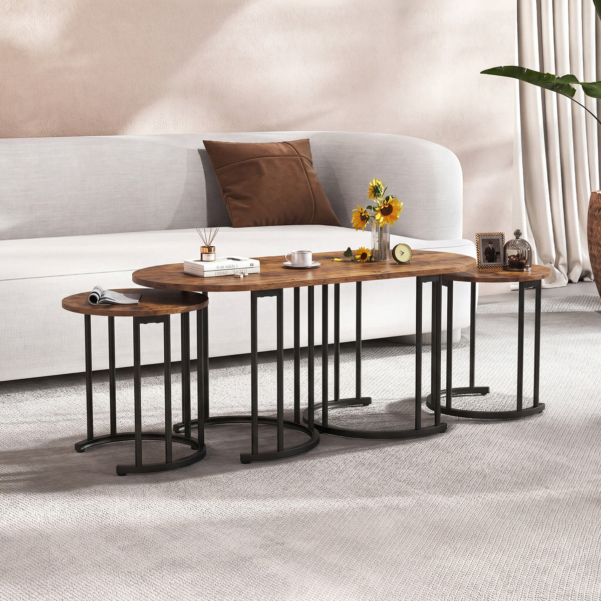 3-Piece Nesting Coffee Table Set 110cm Coffee Table with 2 Side Tables-Rustic Brown