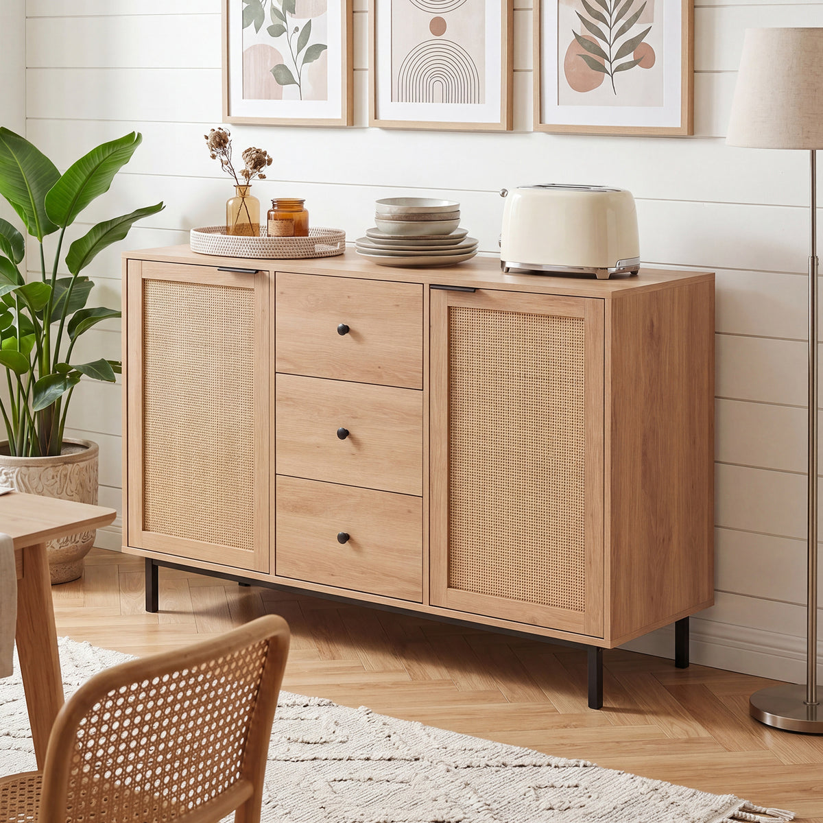120 cm Sideboard Buffet Cabinet with Storage 2 Rattan Doors and 3 Drawers-Natrual