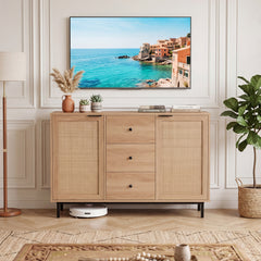 120 cm Sideboard Buffet Cabinet with Storage 2 Rattan Doors and 3 Drawers-Natrual