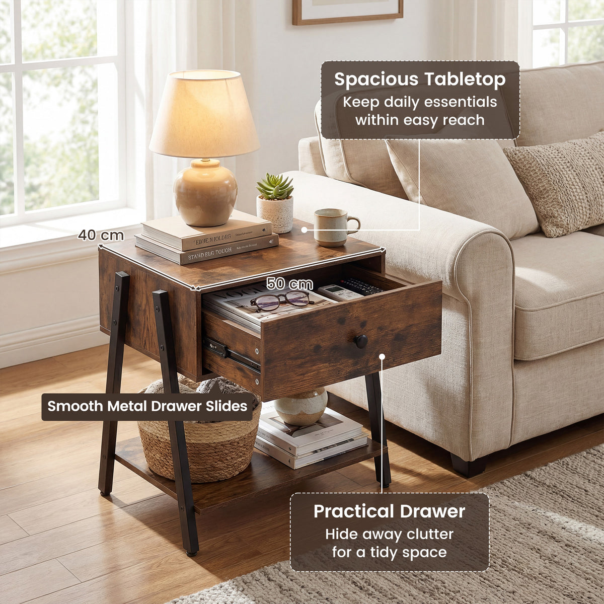 Industrial Nightstand with Drawer and Open Shelf & Adjustable Foot Pads-Rustic Brown