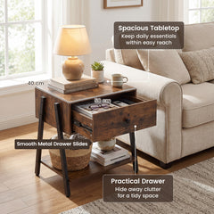 Industrial Nightstand with Drawer and Open Shelf & Adjustable Foot Pads-Rustic Brown