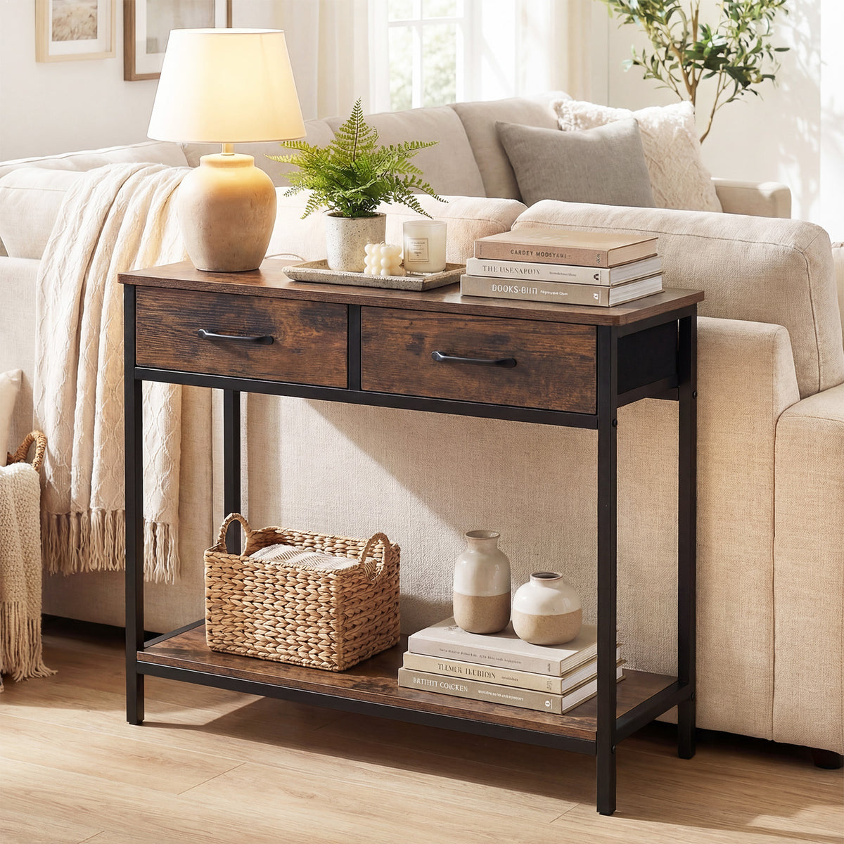 Narrow Console Table w/2 Fabric Drawers Open Compartment and Anti-Tipping Device-Rustic Brown