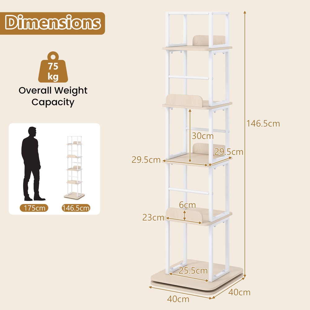 5-Tier Rotating Bookshelf Tower, dimensions diagram for the oak effect bookcase showing height and width