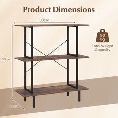 3-Tier Industrial Bookshelf with Open Shelves and Metal Frame for Living Room Study-Rustic Brown