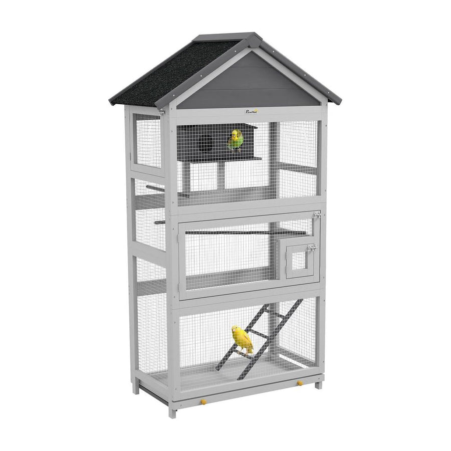 PawHut Wooden Bird Cage, with Stand, for Finches, Parakeets, Small birds - Grey