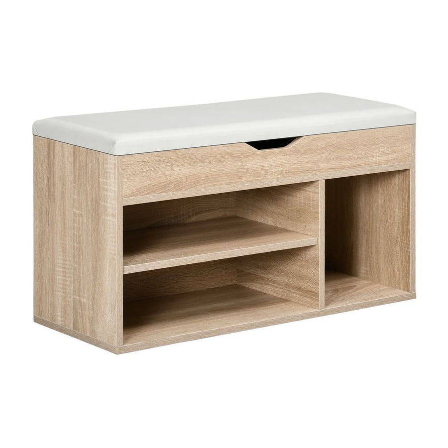HOMCOM Shoes Cabinet Bench with a padded seat and open shelving in an oak tone finish