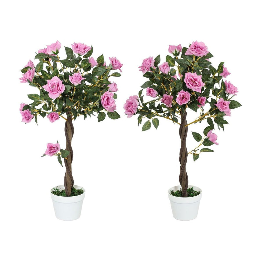 Outsunny Set of 2 Artificial Plants White Rose Floral in Pot, Fake Plants for Home Indoor Decor, 90cm, Purple