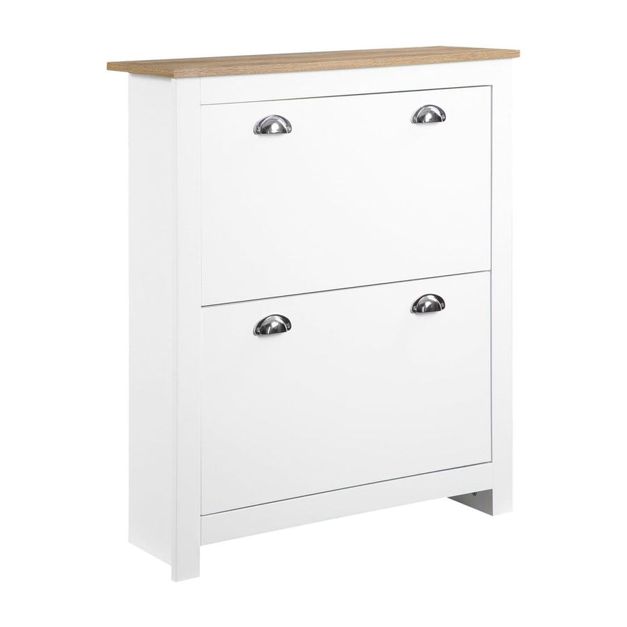 HOMCOM 2 Drawer Shoe Cabinet in white with a wood effect top and two flip-down doors