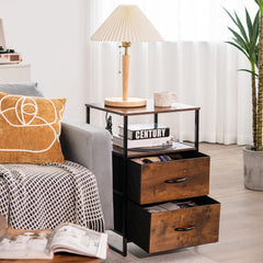 The metal frame storage cabinet with two drawers placed next to a sofa in a living room
