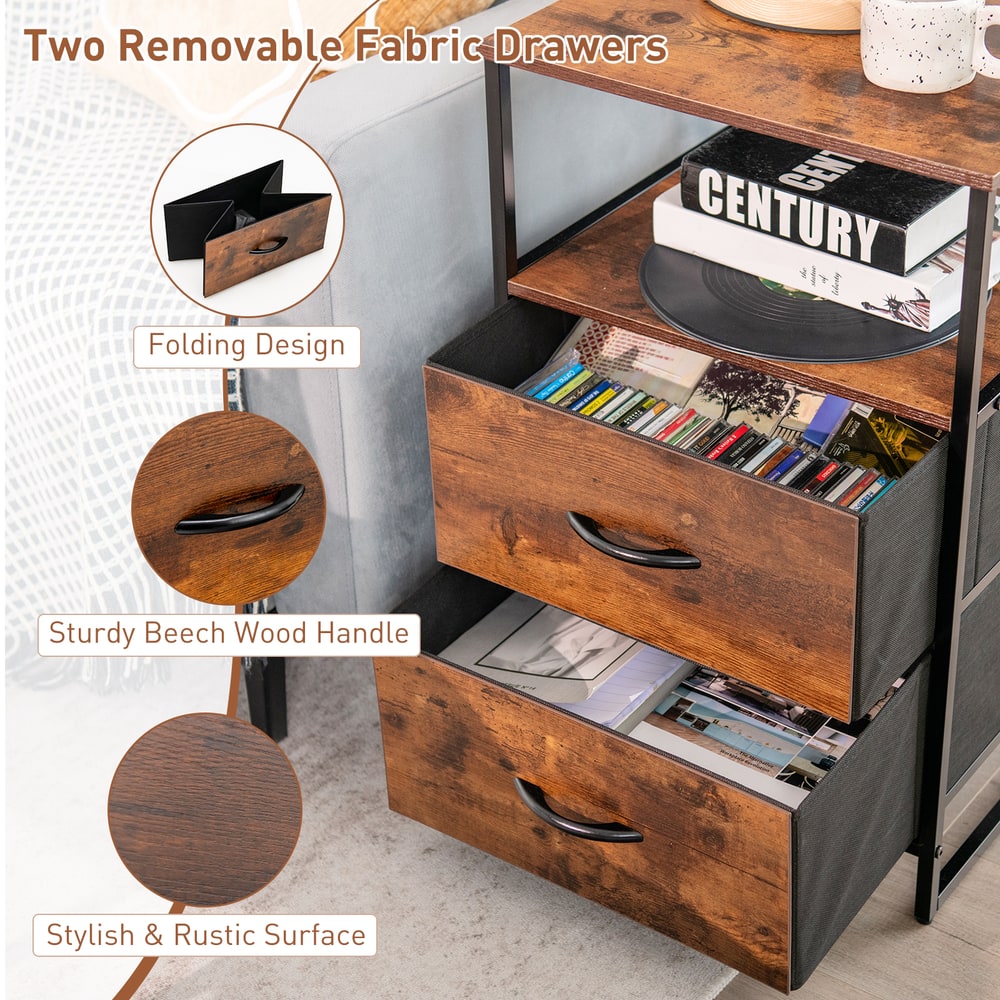 Close up of the two removable fabric drawers and the stylish rustic surface of the cabinet