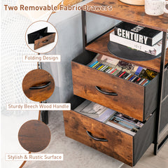 Close up of the two removable fabric drawers and the stylish rustic surface of the cabinet