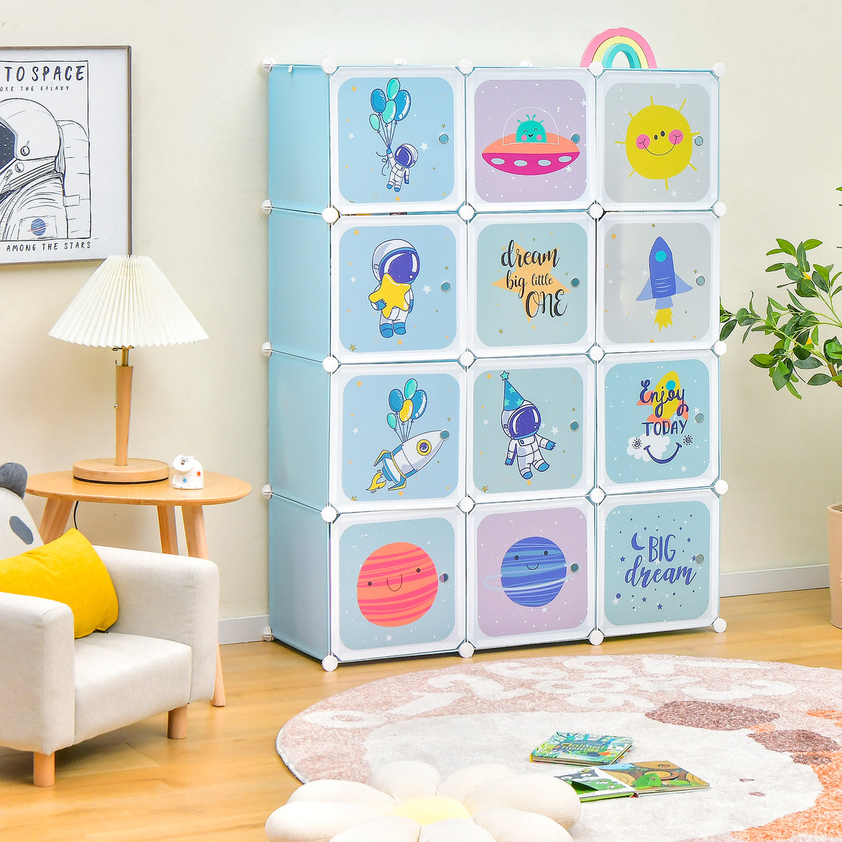 Portable Children Wardrobe with 12 Cubes and 2 Clothes Hanging Section-Blue