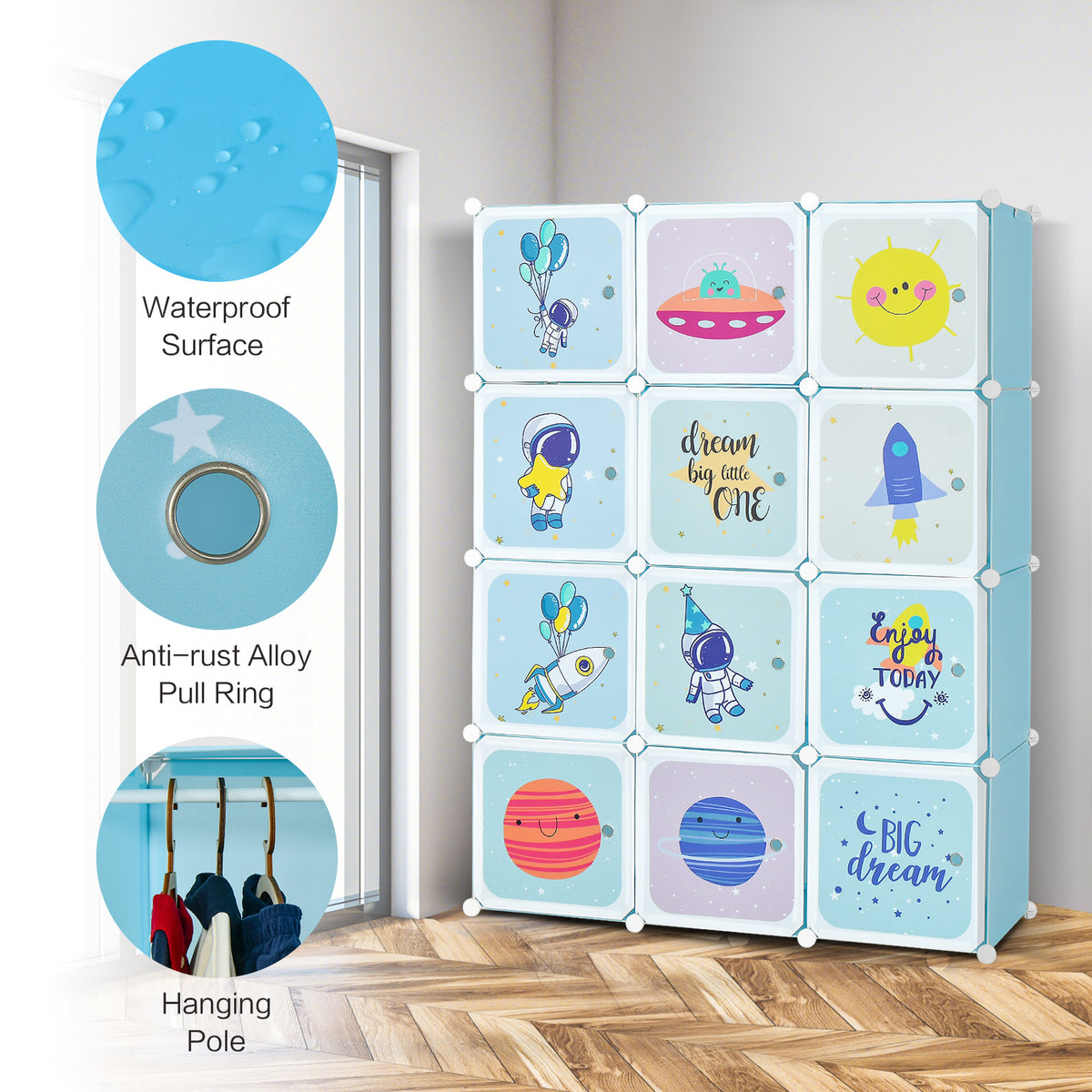 Portable Children Wardrobe with 12 Cubes and 2 Clothes Hanging Section-Blue