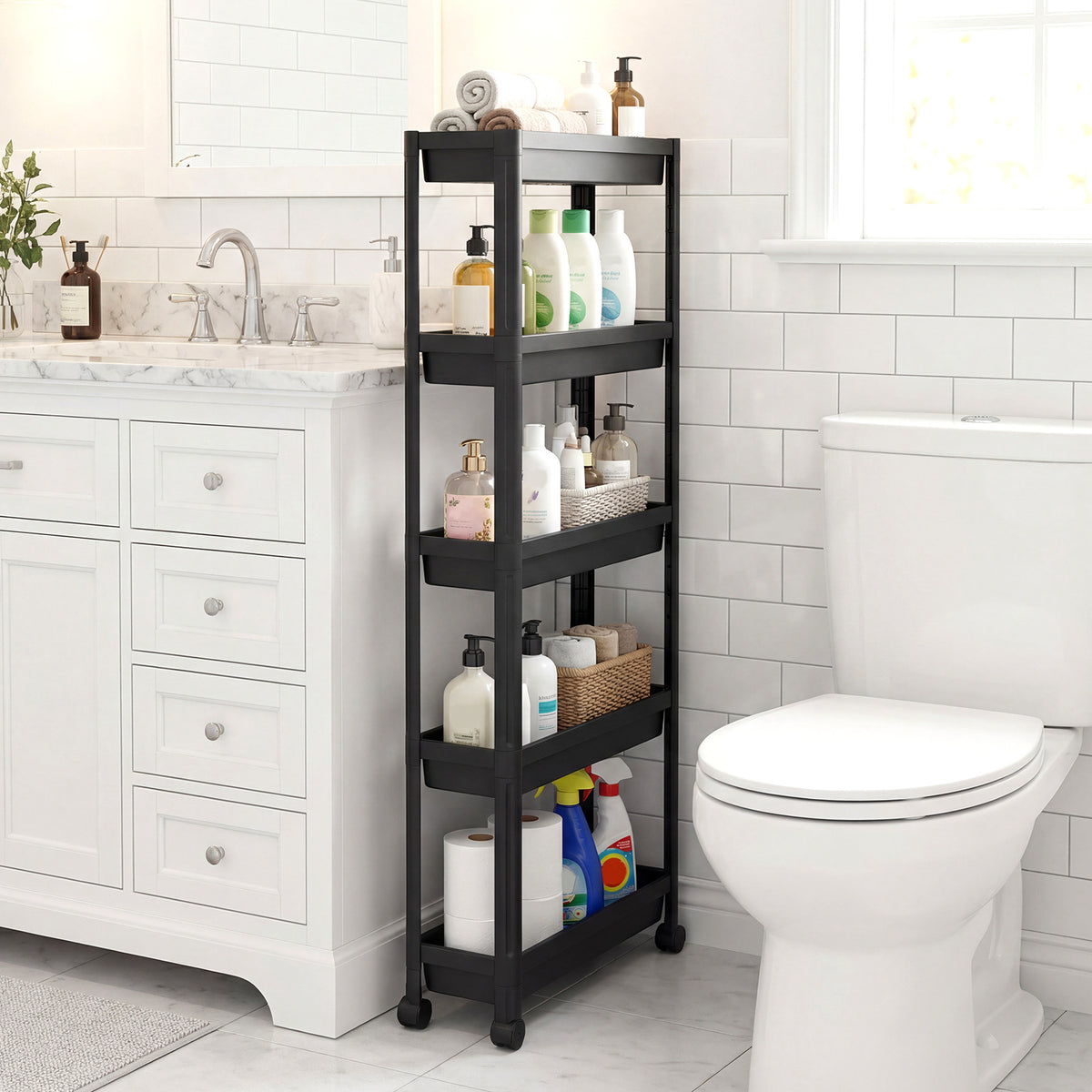 5-Tier Slim Rolling Storage Cart with Smooth Wheels for Kitchen-Black
