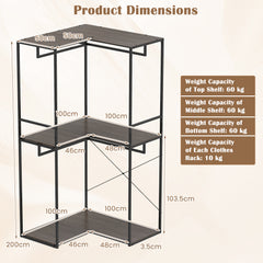 2M L-shaped Coat Rack Unit with 3 Shelves and 4 Rails Open Wardrobe-Grey