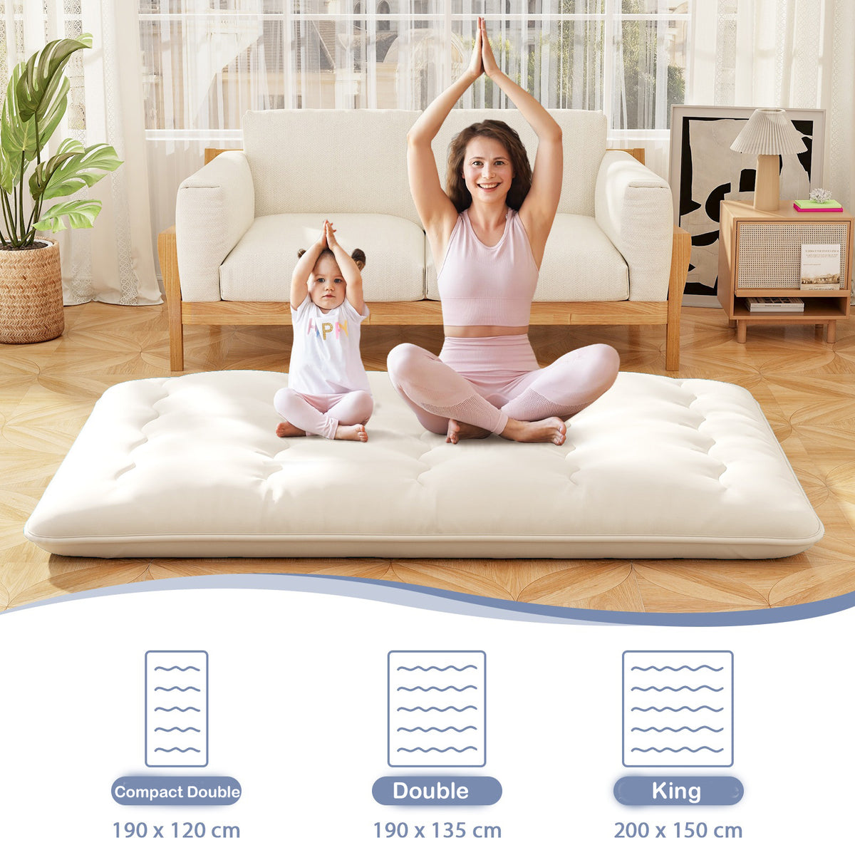 Japanese Floor Mattress with Washable Cover and Carry Bag-Beige-Double Size