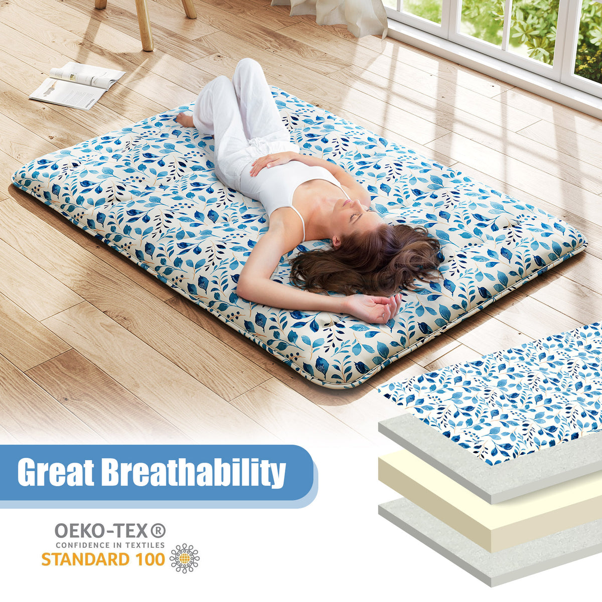 Japanese Floor Mattress with Washable Cover and Carry Bag-Blue & White-Compact Double