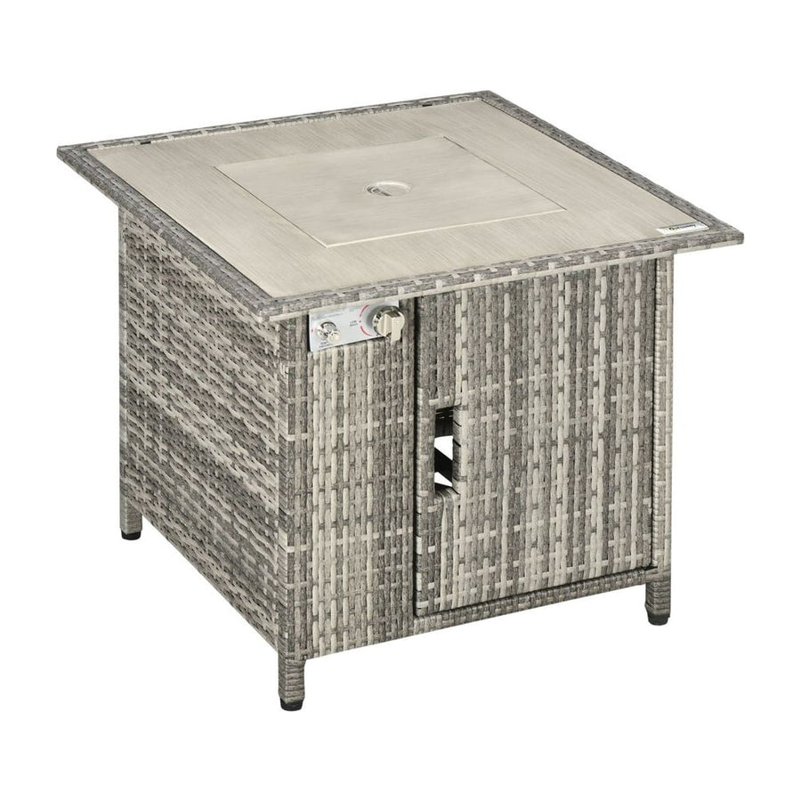 Outsunny Outdoor PE Rattan Gas Fire Pit Table, Patio Square Propane Heater with Rain Cover, Glass Windscreen, and Lava Stone