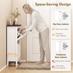 HOMCOM Shoe Cabinet with 2 Flip Drawers, Farmhouse Narrow Shoe Storage Cabinet with Adjustable Shelves, White
