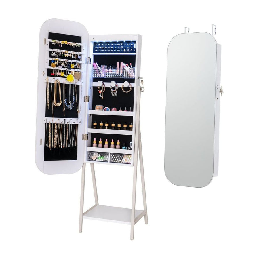 Jewelry Cabinet with Full-Length Mirror Large Storage Capacity and LED Lights-White